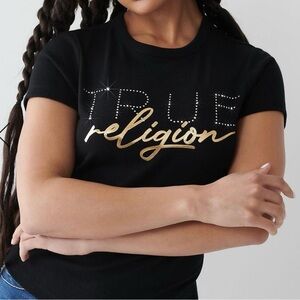 True Religion Black Tee with Gold Script and Rhinestone 'TRUE'